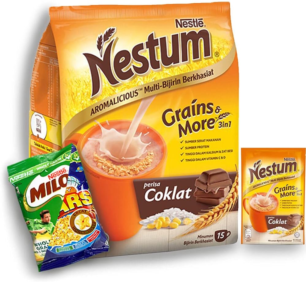 Nestum All Family 3-in-1 Instant Ce'real Milk Drink and 1-Pack Nestle Ce'real Snack Bundle (Milo or Koko Krunch or Honey Star, 30 g) - Low Fat Milk Ce'real Made with Wholemeal Wheat, Rice & Corn Grits, Fortified with Vitamins (Chocolate, 14 Sachets)