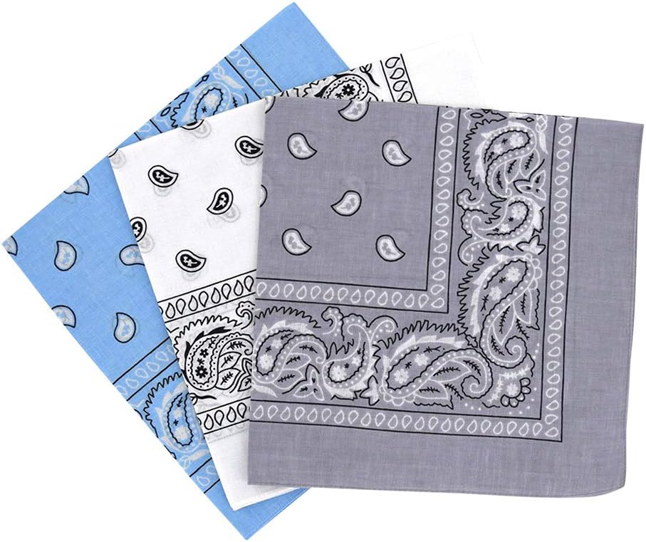 Paisley Bandanas Headband Scarf Pack Of 3 Mixed Colours Cotton Paisley Print, Fashion Hair Accessory, Sports, Multifunctional, UK Seller FREE UK Postage (Baby Blue, White, Grey)