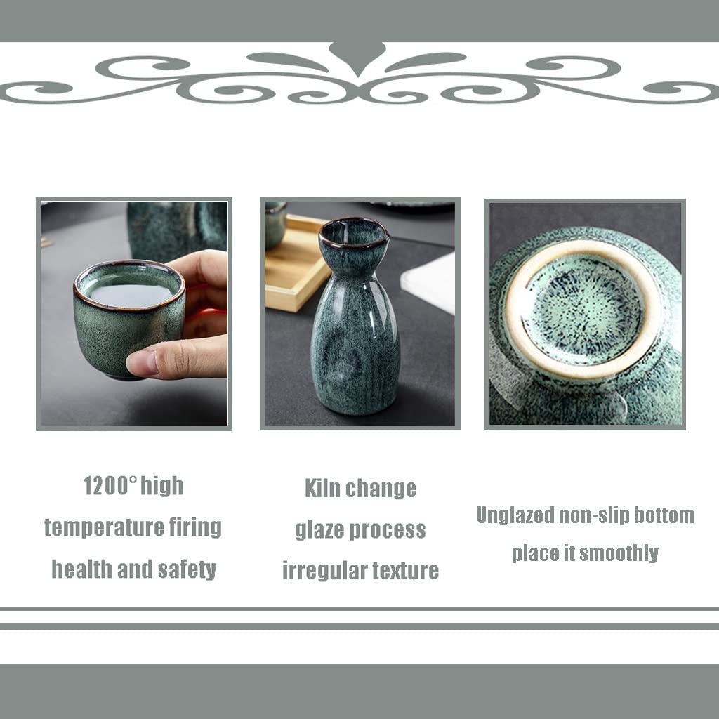 6 Pieces Sake Set, Dark Green Traditional Retro Style Ceramic Sake Cups Set, Elegant Design Best Gift For Family And Friends, With 1 Warming Pot And 4