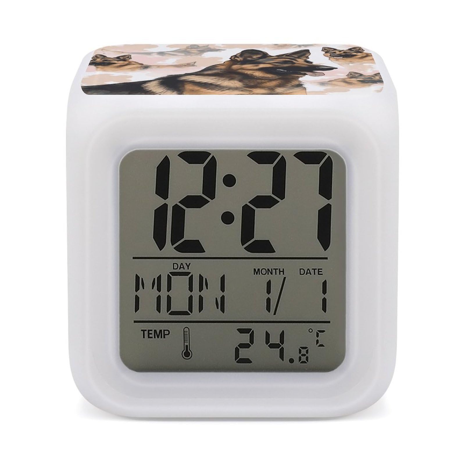 7 Color Ambient Night Light Cube Battery Operated German Shepherd Dog Lovers Digital Clock with Snooze Temperature LED Digital Alarm Clocks Dimmable Wake Up Light Portable Mood Lamp for Bedroom Desk G
