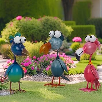 Whimsical Metal Bird Garden Statues Set of 3