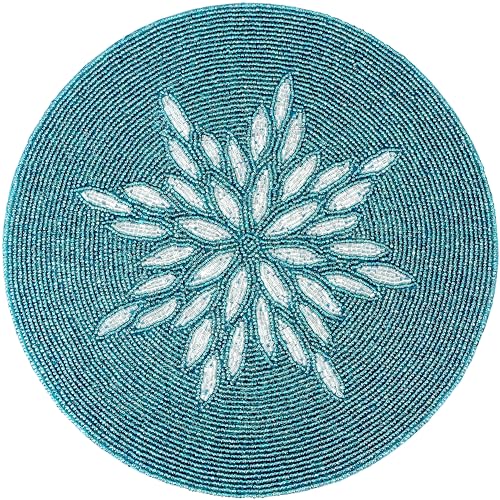 Beaded Table mat, Coffee Table Beaded mat, Placement mats for Dining Table Beaded, Round Beaded placemats, Beaded placemats for Dining Table - 13 inch Charger Plate - Teal Silver