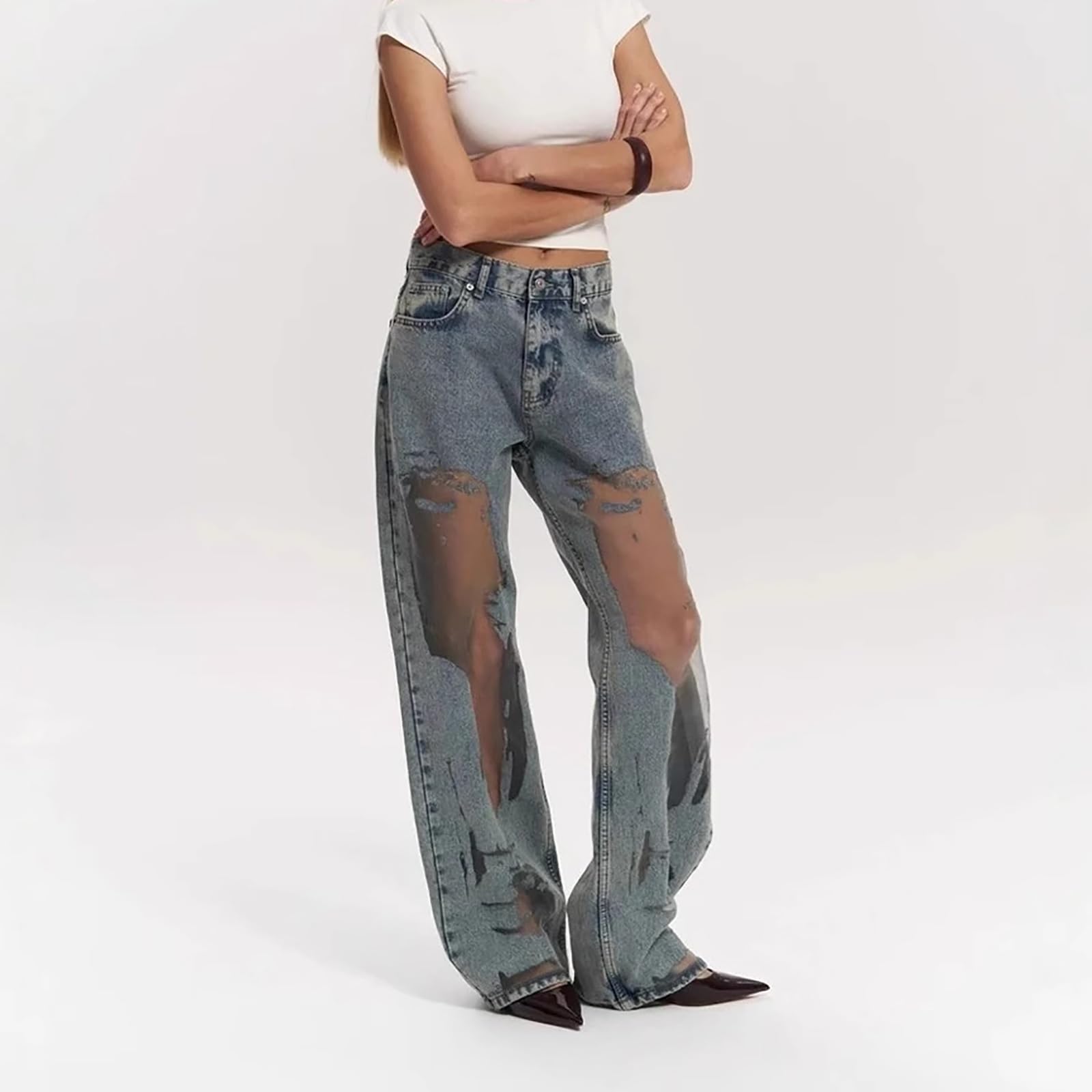 Damskie Jeansy Vintage z Siateczki Patchworkowej Seksowne Luźne Swobodne z Wysokim Stanem i Szerokimi Nogawkami Dżinsowe Spodnie Hip-hopowe Boyfriend Luźne Streetwear Sprane Zniszczone Jeansy