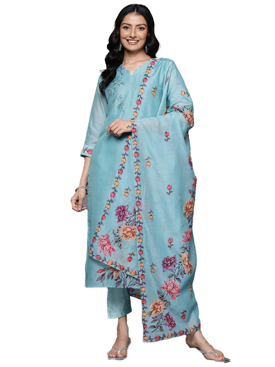Varanga Women Blue Floral Printed Thread Embroidered Kurta Paired With Bottom And Dupatta