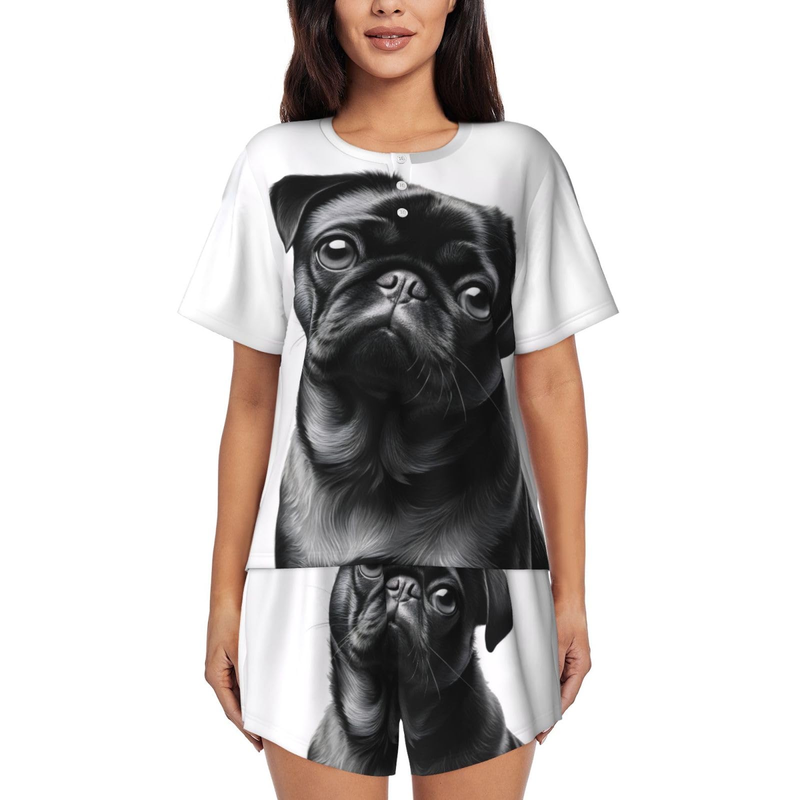 KHDKLXOHZ Cute Black Pug Dog Pajamas Sets For Women - Short Sleeved Pajama Set, Women'S Loungewear, Comfortable Nightwear, Round Neck Fashion Sleepwear With Pockets, Soft Pj Lounge Sets