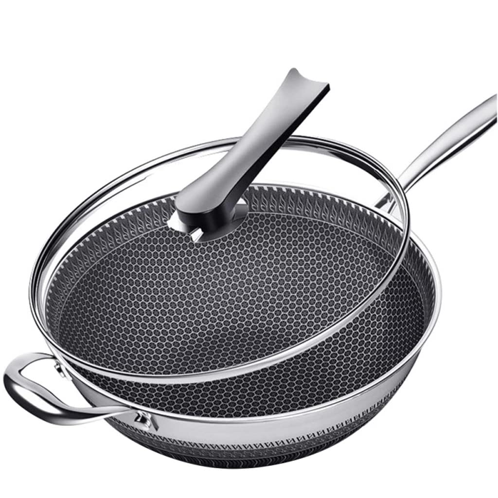 YNIYUJKL Double-Sided Screen Honeycomb Stainless Steel Wok Without Oil Smoke Frying Pan Pan Non-Stick Cookware,Onecolor-32cm