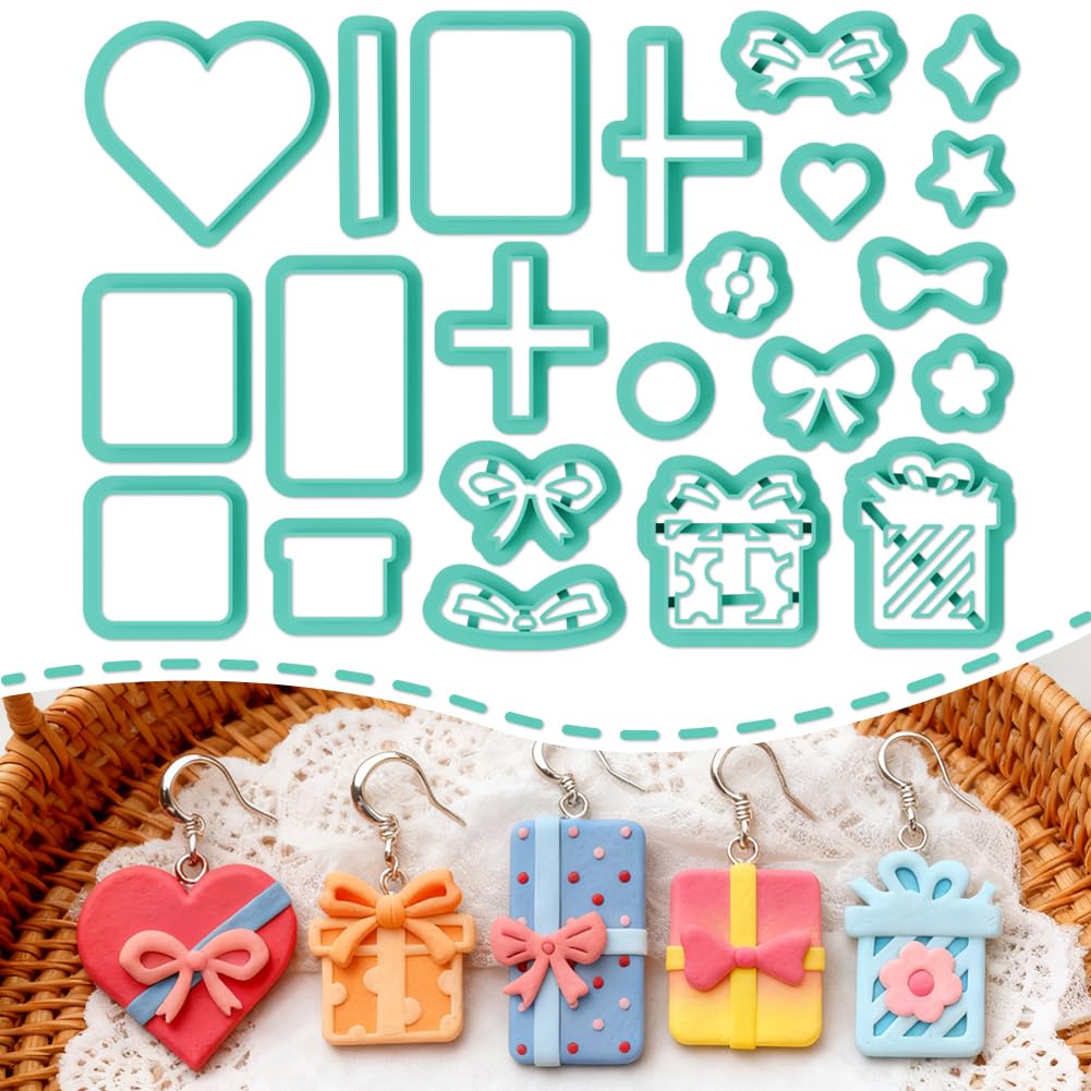 ORIGACH 22 Pcs Gift Box Polymer Clay Cutters Set Bow Star Heart Rectangle Shapes Earring Clay Cutter DIY Craft Supplies for Earring and Jewelry Making