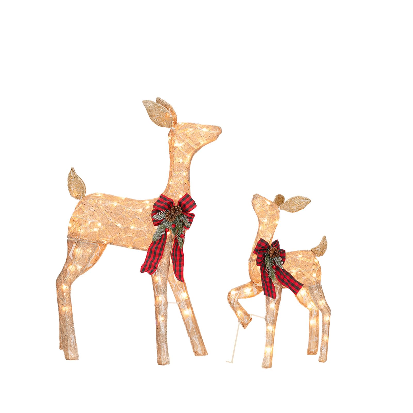 2 Pcs Reindeer Christmas Decoration, Xmas Lighted Golden Shimmering Doe and Fawn Display Set with 105 Warm White Lights for Yard Lawn Indoor Outdoor