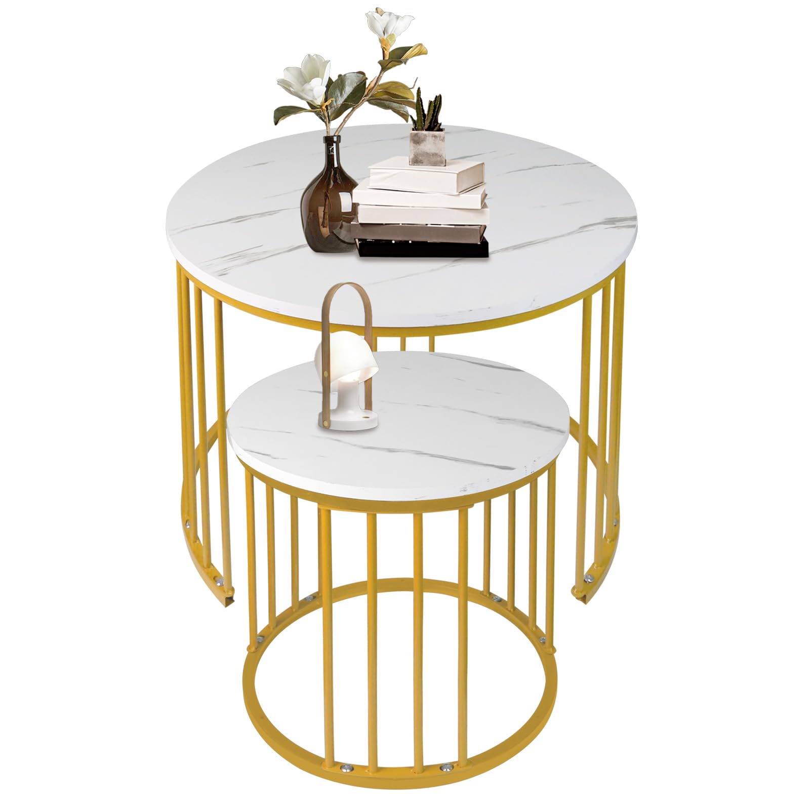 OHMG Set mit 2 Beistelltischen, rund, 70/50 cm, runder Beistelltisch, modernes Design, Wohnzimmertisch aus Marmor, mit Fuß aus Stahl (weißer Marmor + goldene Beine)