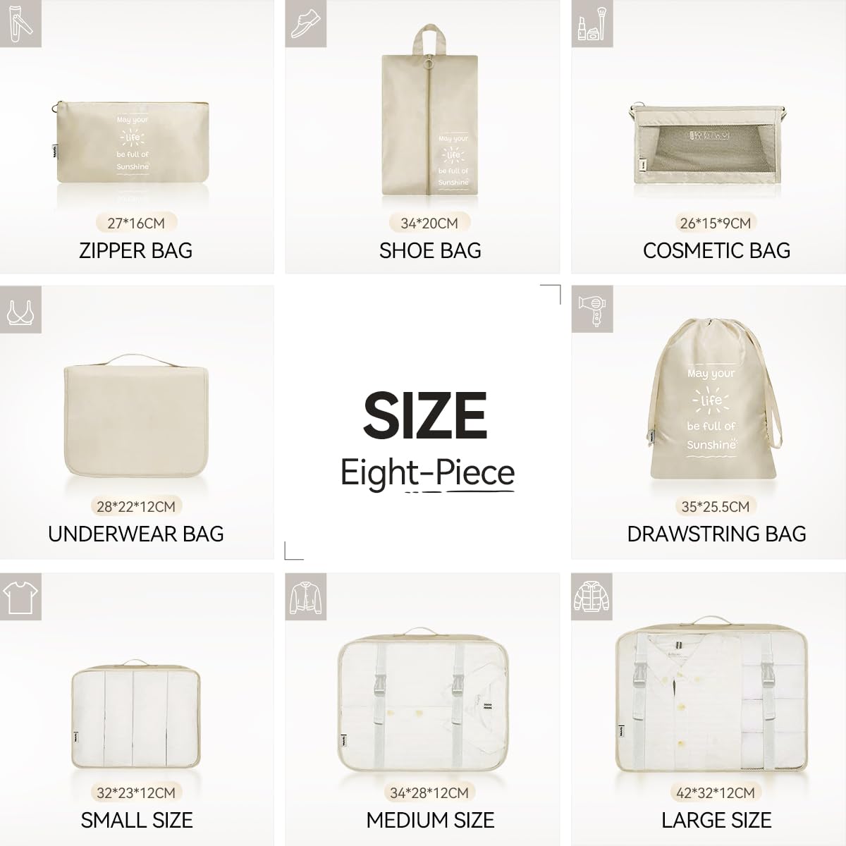 Shadcoler Organizer Valigia, 8 Pezzi Organizer Valigia Salvaspazio, Organizer Viaggio, Packing Cubes per Cosmetici, Abbigliamento Intimo, Vestiti, Borse, Scarpe, Viaggio Accessori Utili (Beige)