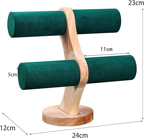 Vista 2 de Soporte de exhibición de joyas, 2 capas verticales con base de torre de madera, soporte para pulsera, organizador para collares, relojes, coleteros