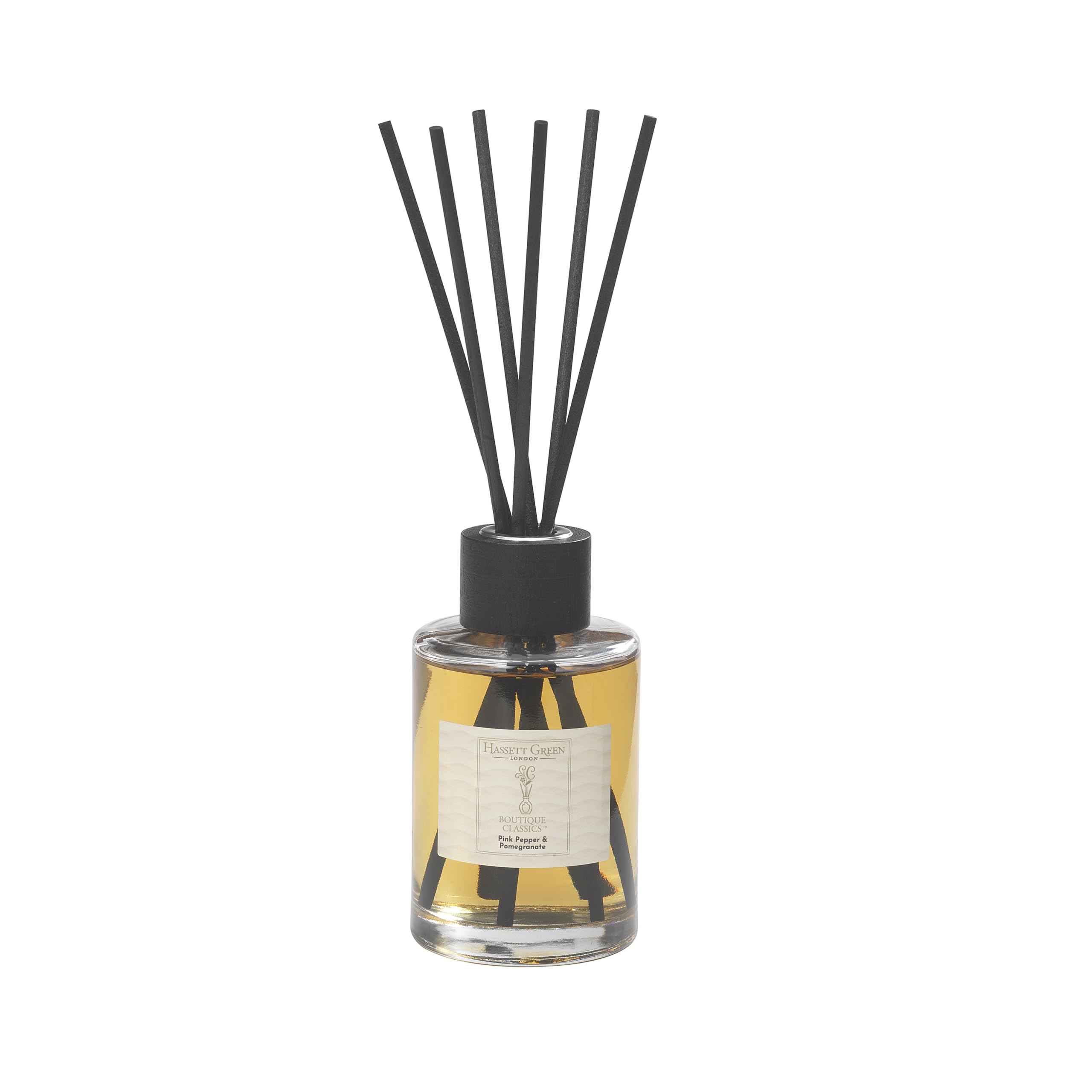 Hassett Green London Boutique Classics Pink Pepper & Pomegranate - Large Fragrance Oil Reed Diffuser - 250ml Glass Bottle with 6 Thick Fibre Reeds - Reduced Packaging