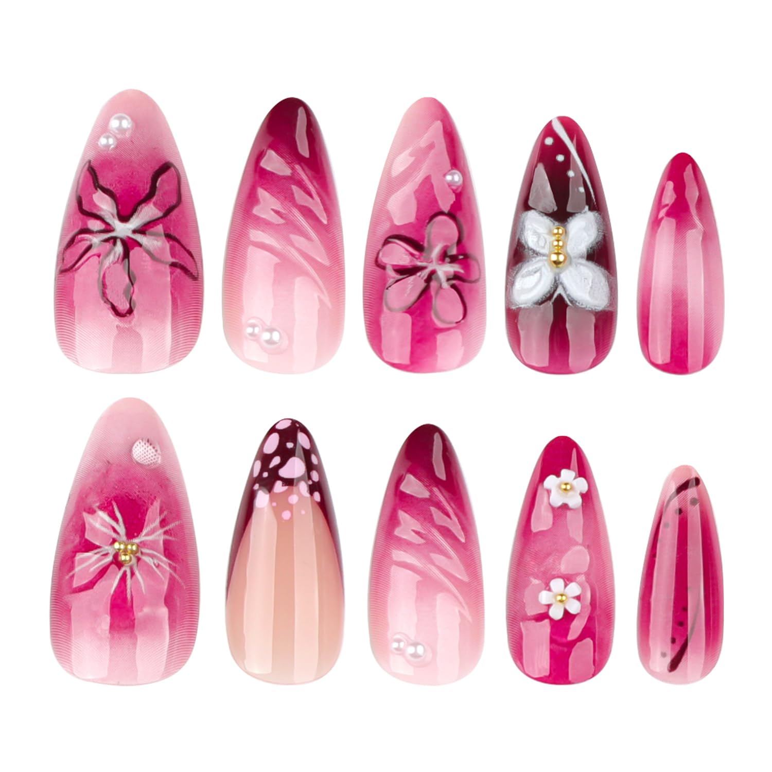 Cute Flowers Press on Nails Short Almond Press on French Tip Fake Nails White Butterfly False Nails with 3D Pearls Charms Designs Acrylic Nails Glossy