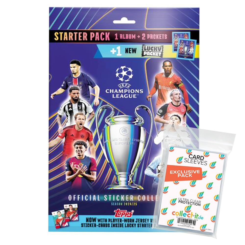 Bundle mit Topps - Champions League 2024/2025 - Sammelsticker - 1 Starterpack + Exklusive Collect-It Hüllen