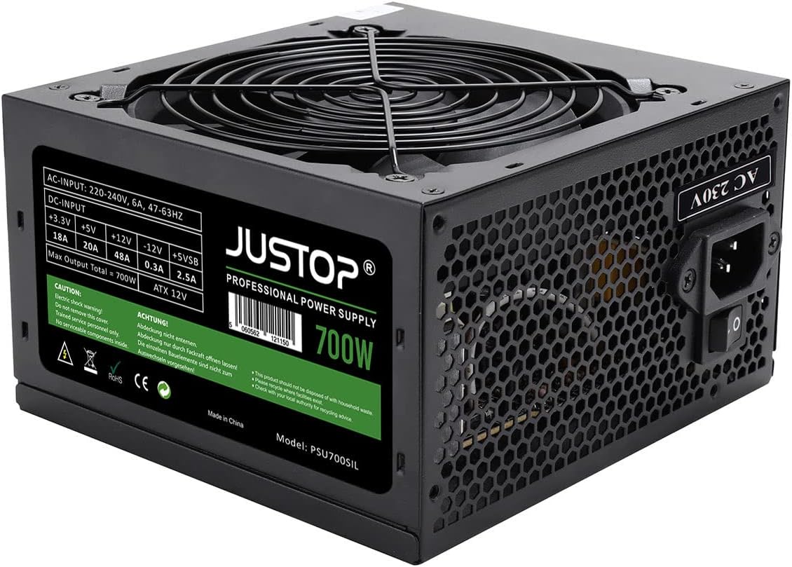 JUSTOP Black 700W PSU, Switching Power Supply, Computer Desktop PC ATX 120mm Fan 8-Pin 12V, 6+2 Pin PCI-E, 6x SATA (700W)