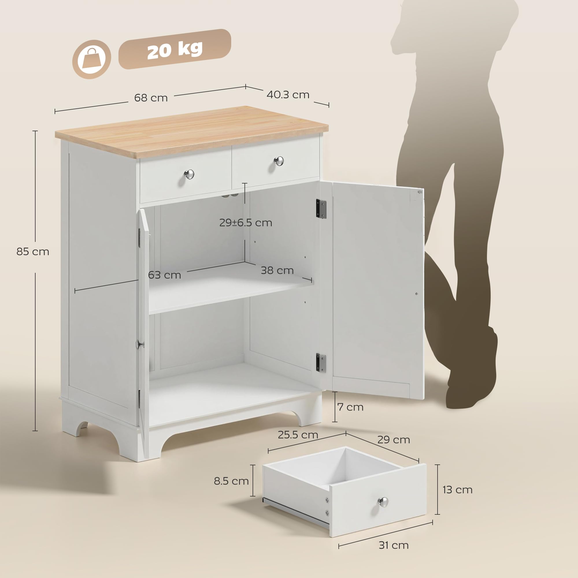 HOMCOM Credenza Soggiorno con 2 Cassetti e Armadietto con Ripiano Regolabile, Madia Soggiorno con Piano di Lavoro in Legno di Caucciù, per Ingresso, Cucina e Sala da Pranzo, Bianco