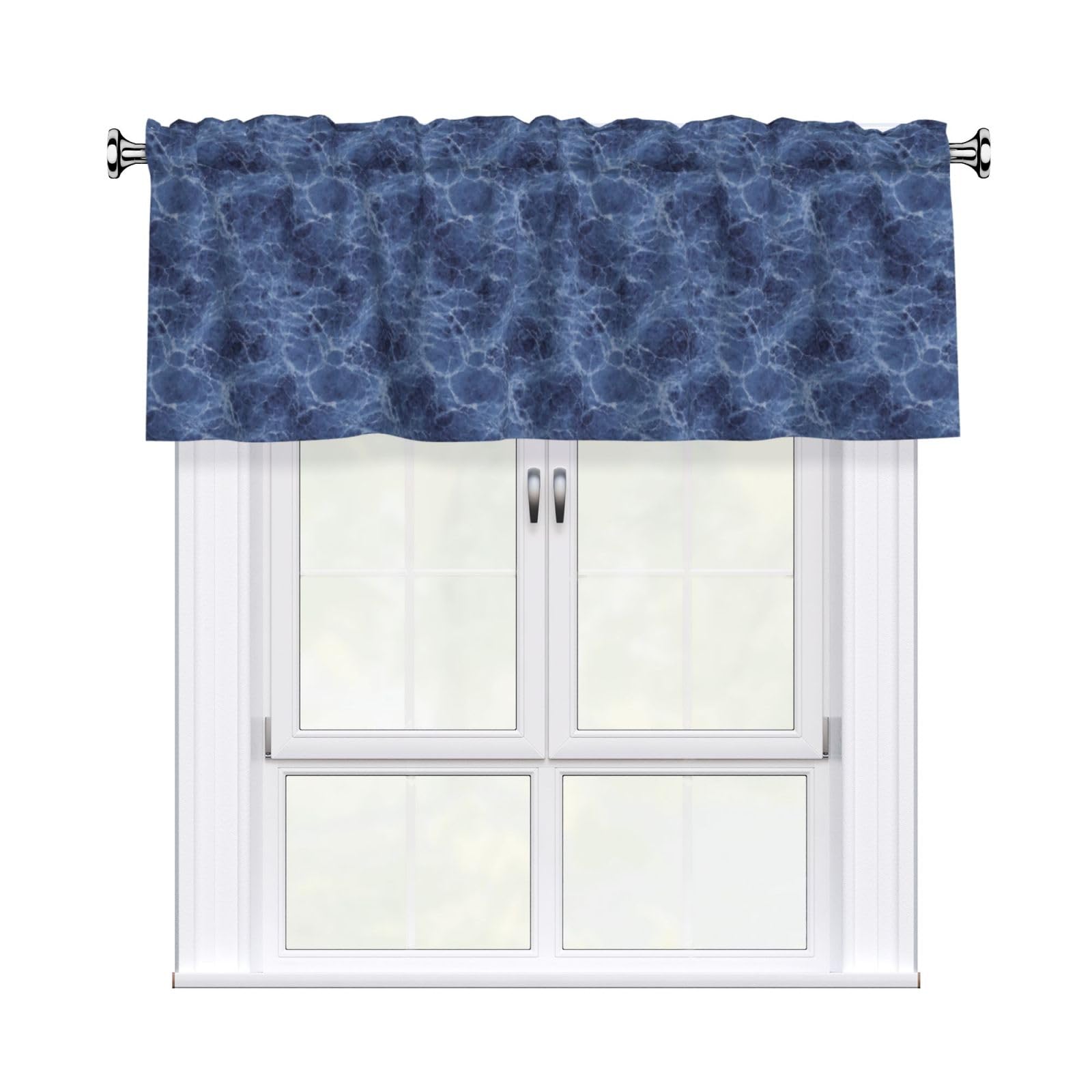 Woshuwo Dark Blue Marble Valances For Windows Rod Pocket Window Treatment Short Curtains For Kitchen Living Room Bedroom Decor 54x18in