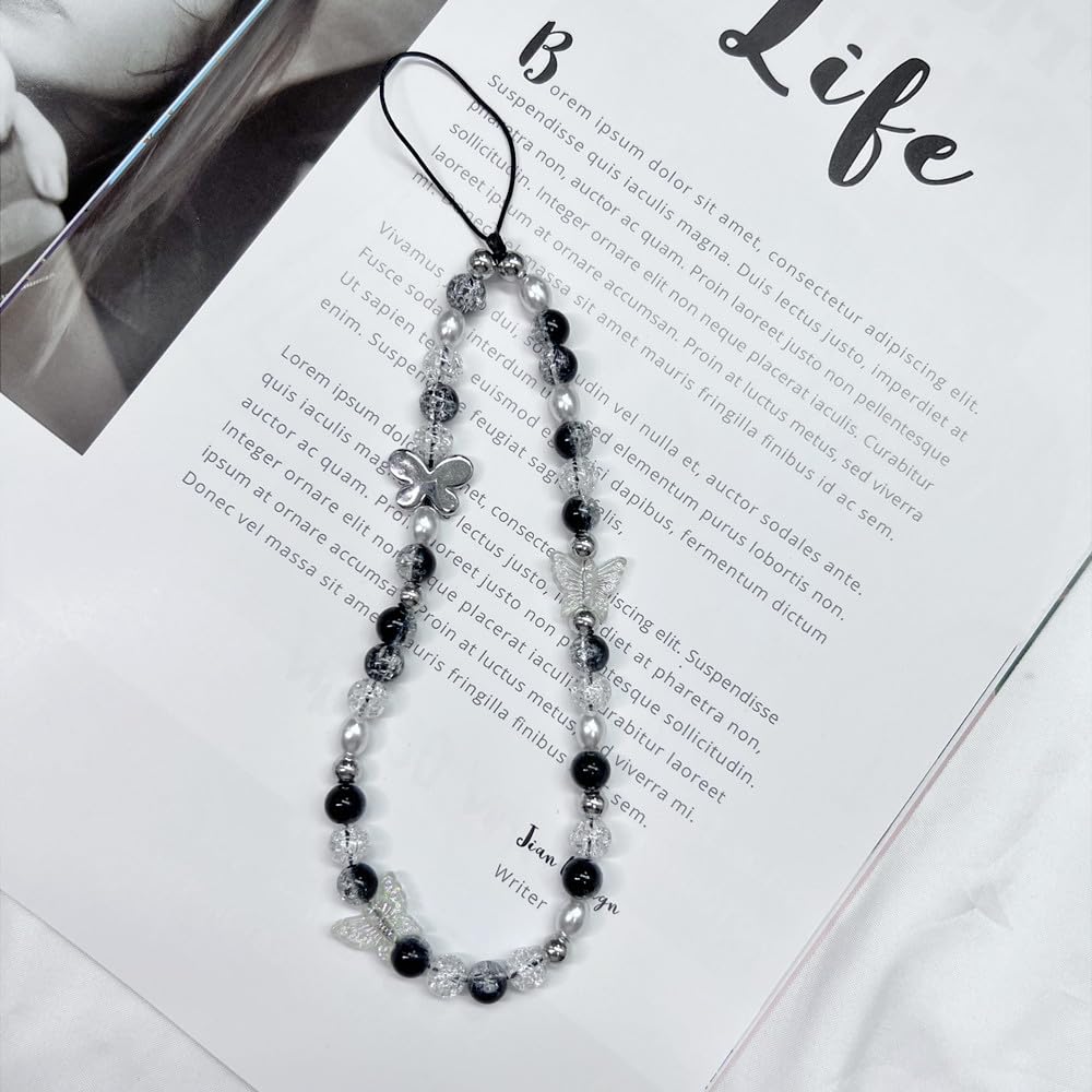 1-2 Butterfly Y2K Beaded Flower Phone Charm Boho Black White Pink Cute Charm Phone Lanyard with handmade Acrylic Flower Wrist Bead Chain Sweet Gift for Girls and Women-A blank1