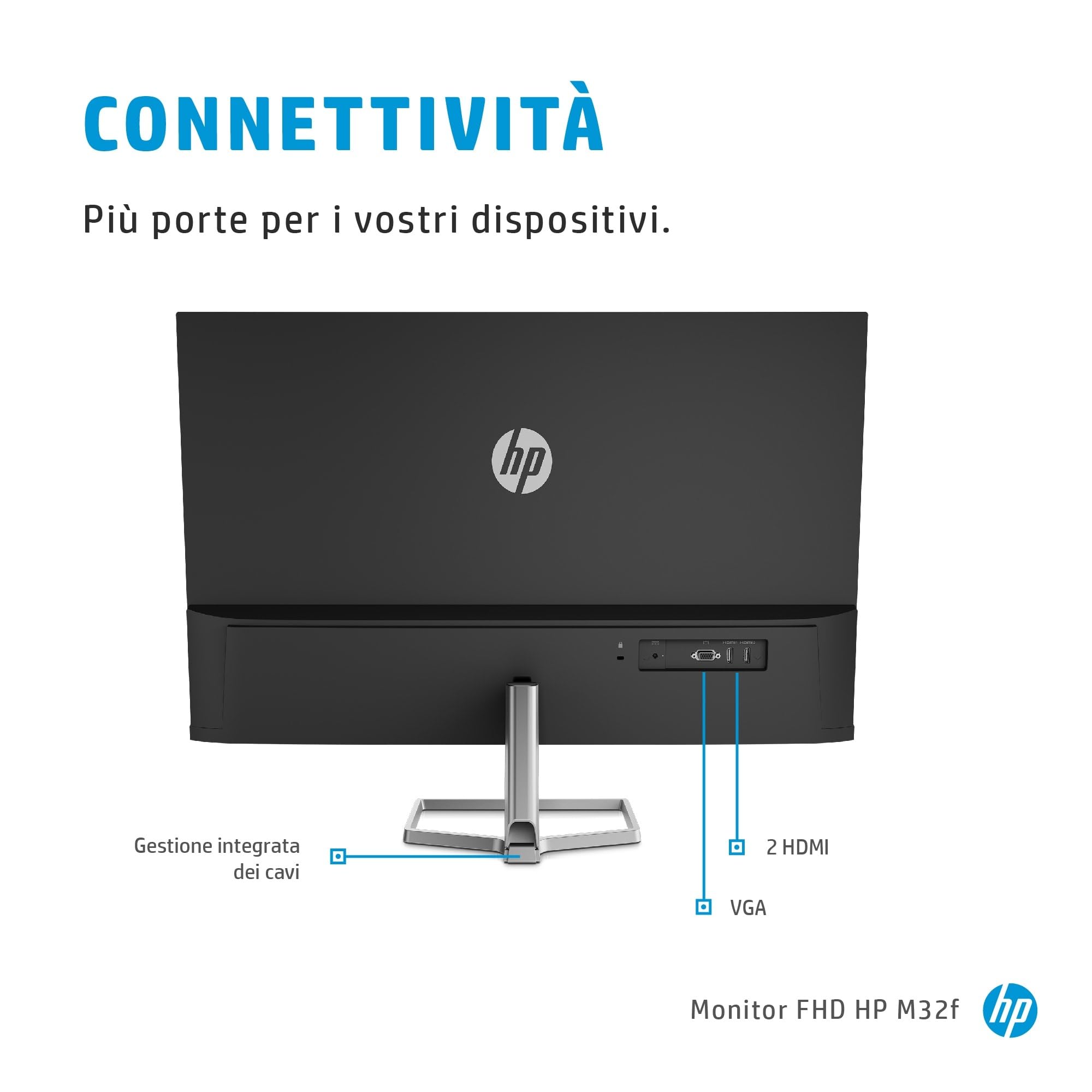 HP M32f Monitor, Display 31.5" Antiriflesso VA FHD Micro-Edge, Risoluzione 1920 x 1080p, AMD FreeSync, Tempo Risposta 7ms Overdrive, Comandi su Schermo, HDMI, VGA, Argento