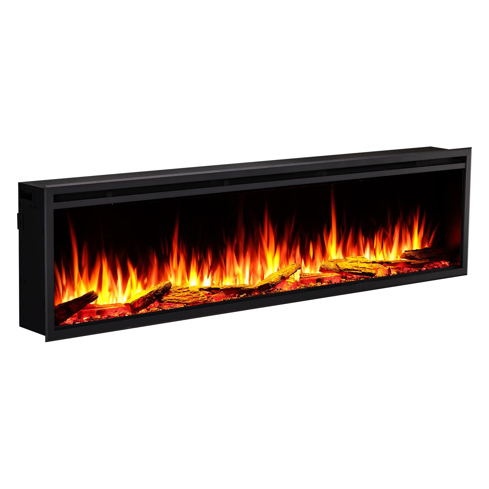 FLAMME 72 inch Media Wall Electric Fireplace, Castello Platinum Black | 1.5kW Heater (750W/1500W), Multi-Colour Flames, Logs & Black Glass Chips, Alexa & App Control, Wall Mounted or Recessed