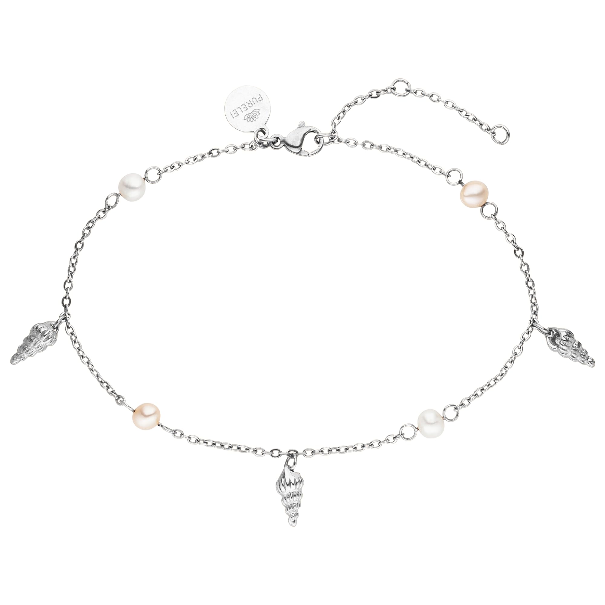 Purelei® - Cavigliera Akala da donna – Acciaio inossidabile placcato oro 18 carati / rosa/argento – Con vere perle d'acqua dolce e ciondoli a conchiglia – Regolabile 21 – 25 cm – Pedana estiva