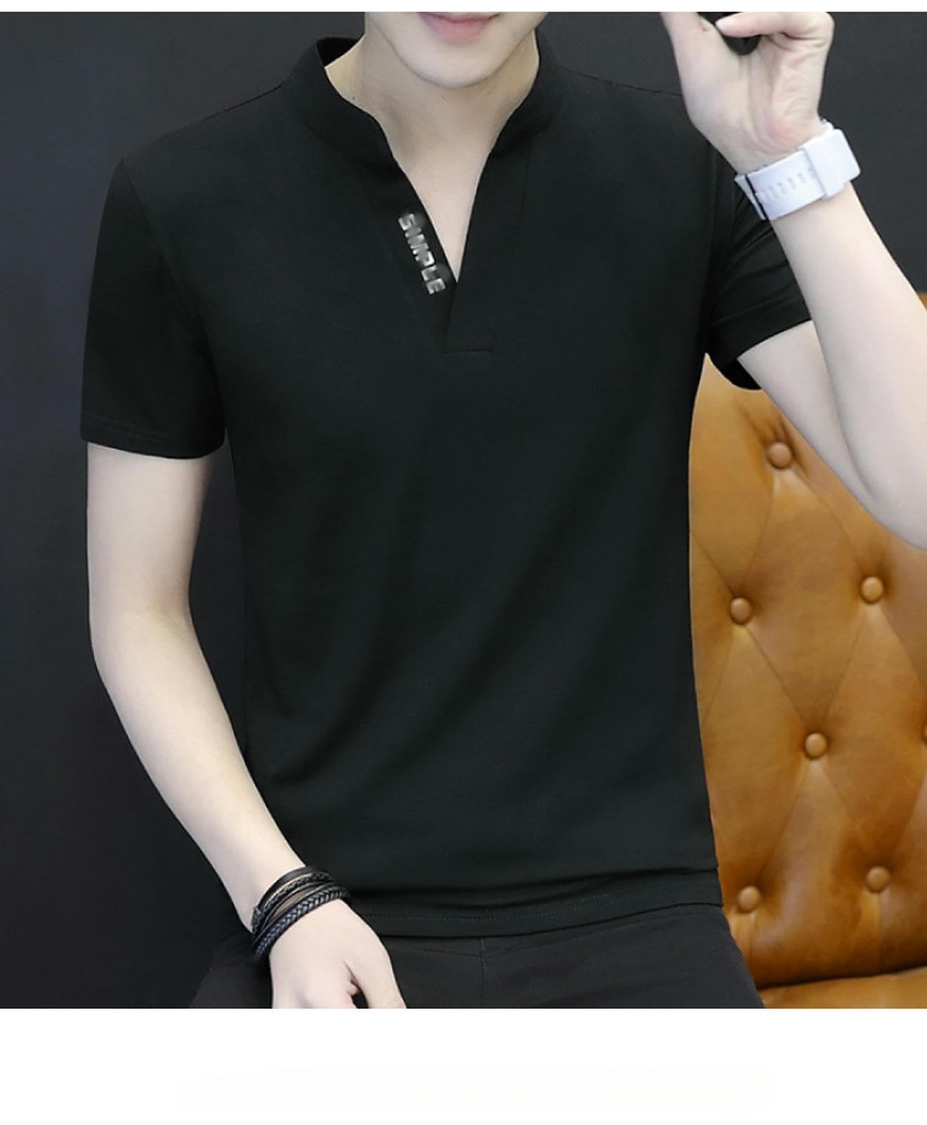 T-shirt męski z krótkim rękawem, dekolt w serek, Henley, krój slim fit, basic, golf, tenis, sport, pół rękawy, letni trend