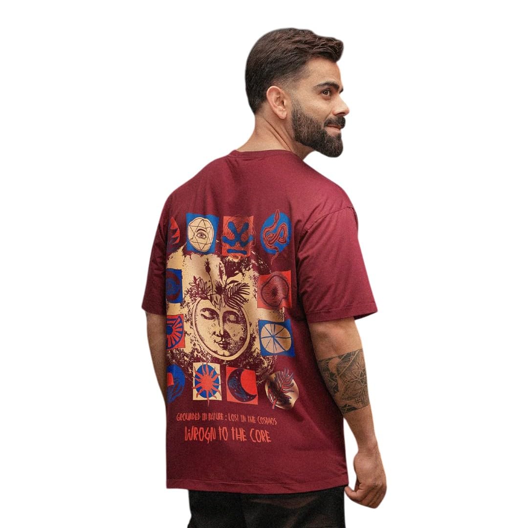 wrogn Men's 220 GSM Pure Cotton Loop Terry T-Shirt | Zen Back Graphic Print | Oversized Fit-picture-40