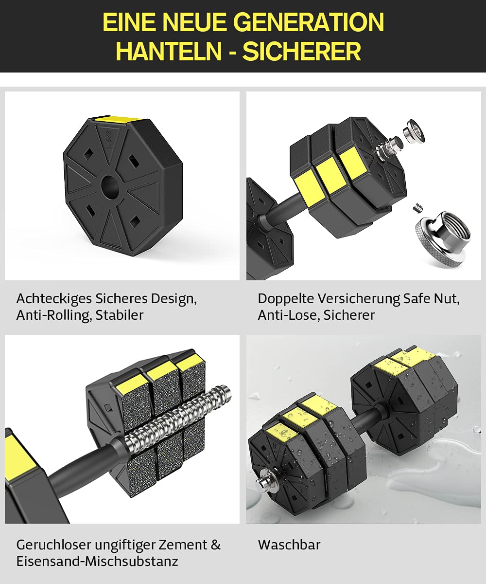 Verstellbares Hanteln Langhanteln Gewichte Set, 3IN1 Kurzhanteln Hantelset mit Solide Hantelgriffen Bis zu 10kg 15kg 20kg Freies Gewicht Dumbbell für Bodybuilding Fitness Gewichtheben Training
