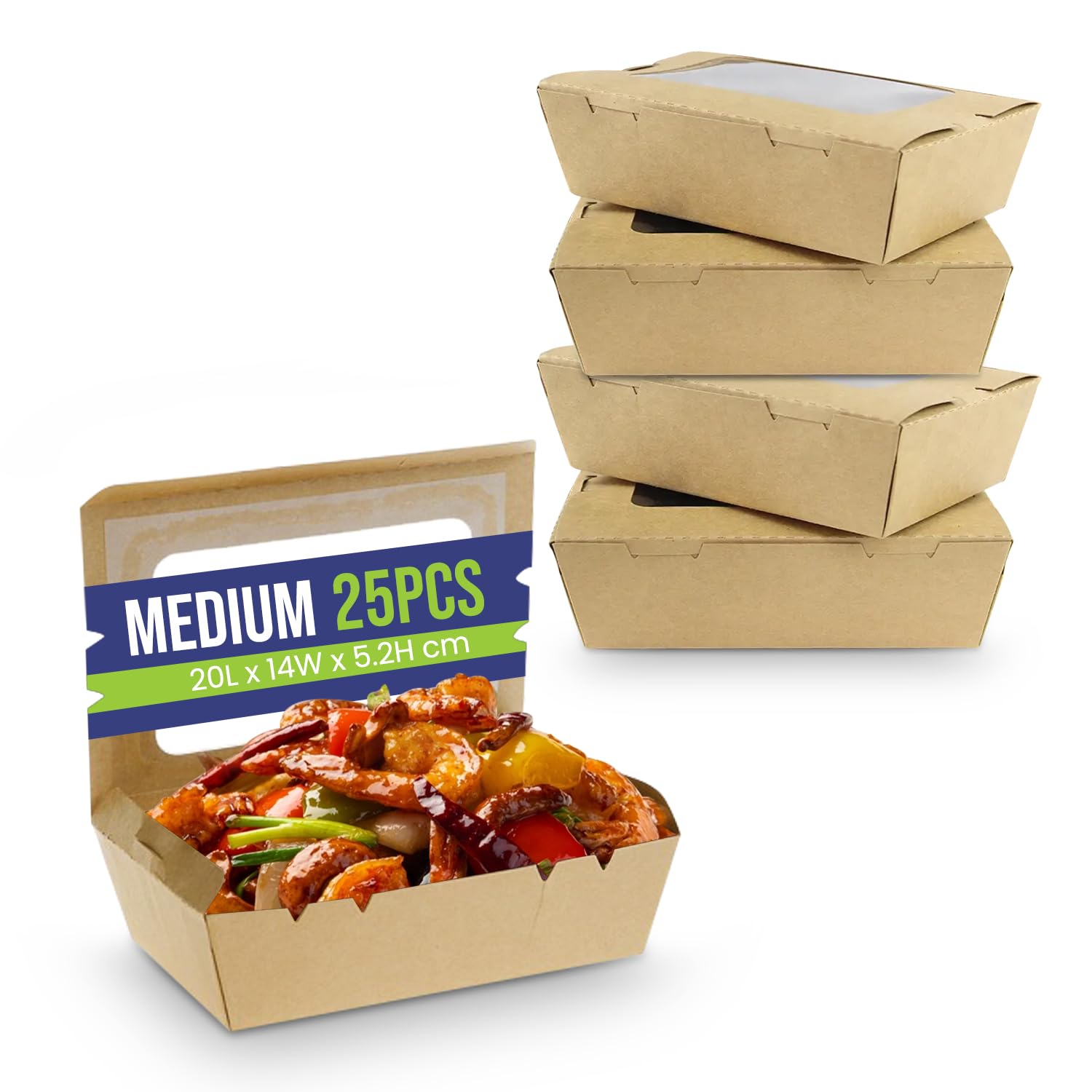 Kraft Lunch Box Medium With Window, Grease-Resistant Baked Goods Gift Boxes - Built-In Lids, Windows, Paper Brownie Boxes, For Meals And Desserts 25 Pieces.