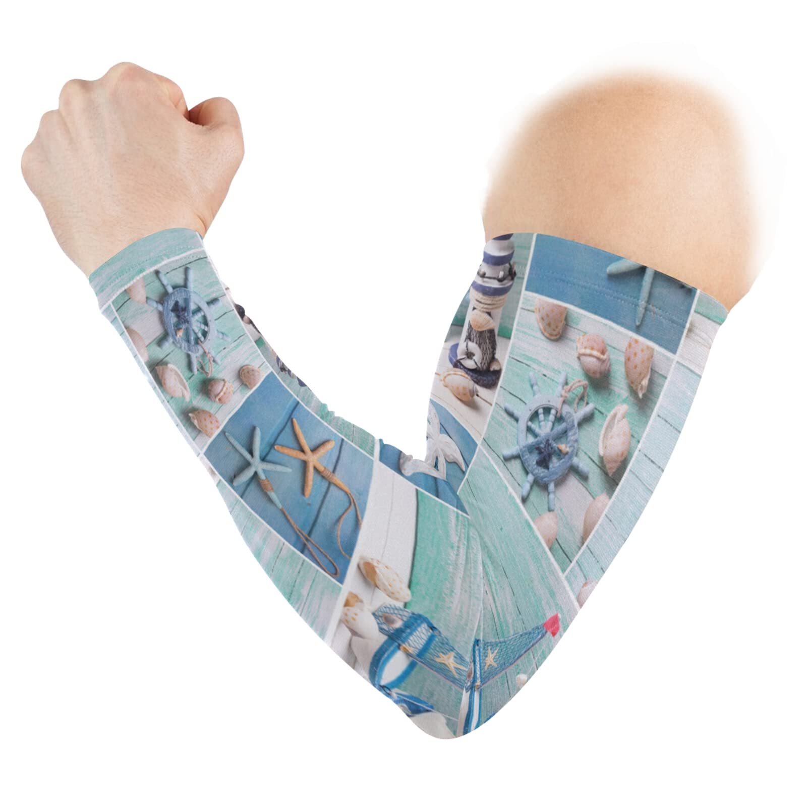Marine Lighthouse Sailboats Starfishes Ships Steering Wheel on Wood 1 Pair Cooling Sports Arm Sleeves, Cover Uv Sun Protection Warmer for Sports Men Women Running Golf Cycling Riding Jogging