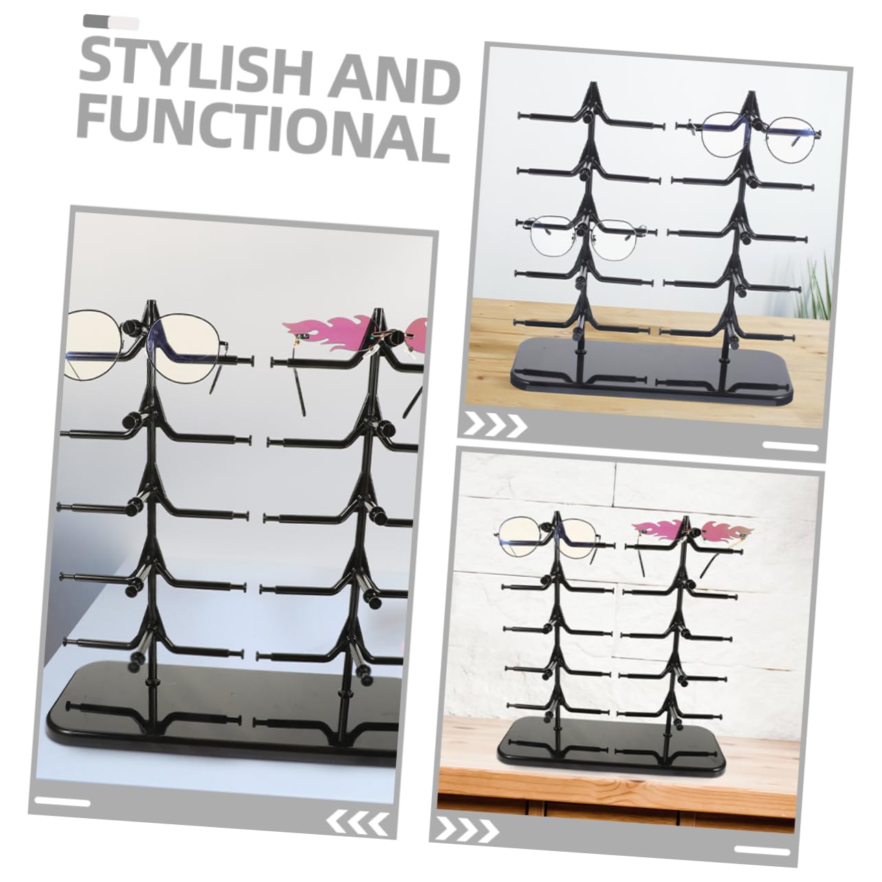 POPETPOP Porta Gafas para Escritorio 2 Piezas Negro Plástico Doble Nivel | Fiesta Verano, Organizador de Gafas, Estante para Gafas de Sol, Múltiples Capas y Gran Capacidad