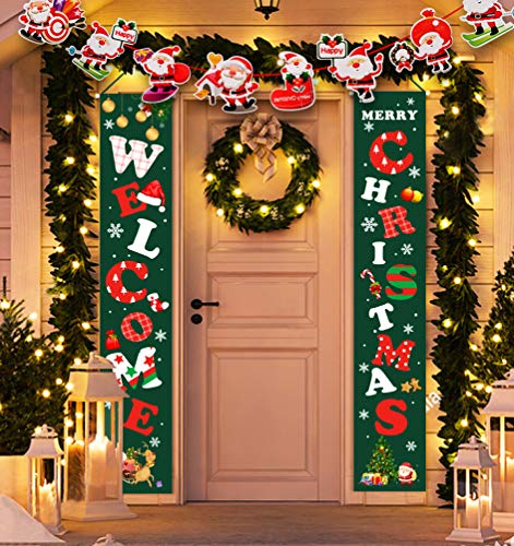 Idefair Merry Christmas Banners, New Year's Home Indoor Outdoor Christmas Decorations Welcome Bright Green Christmas Porch Sign Hanging for Home Wall Door Party Decoration