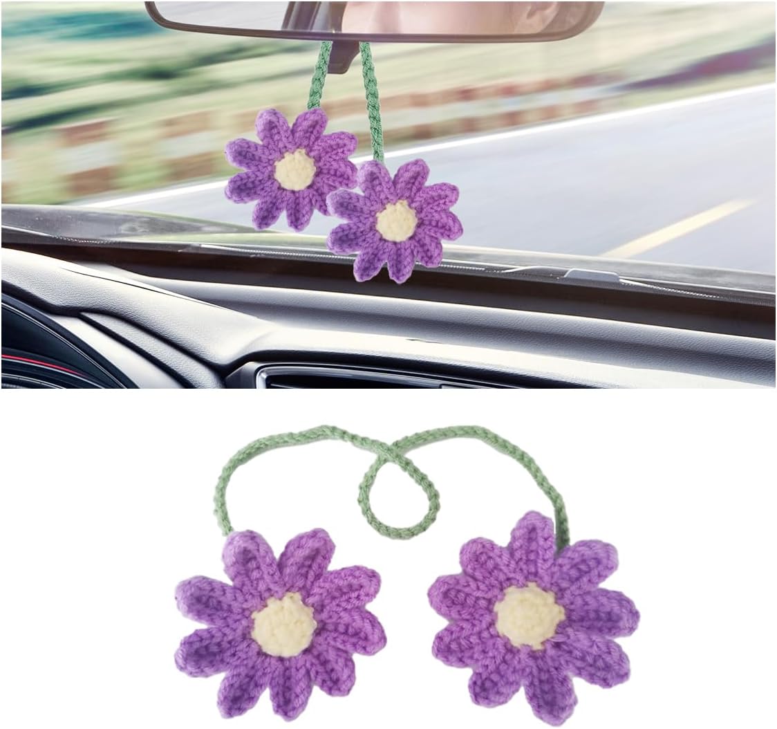 Crochet Groovy Daisy Flower Rear View Mirror Hanger Black Tourmaline