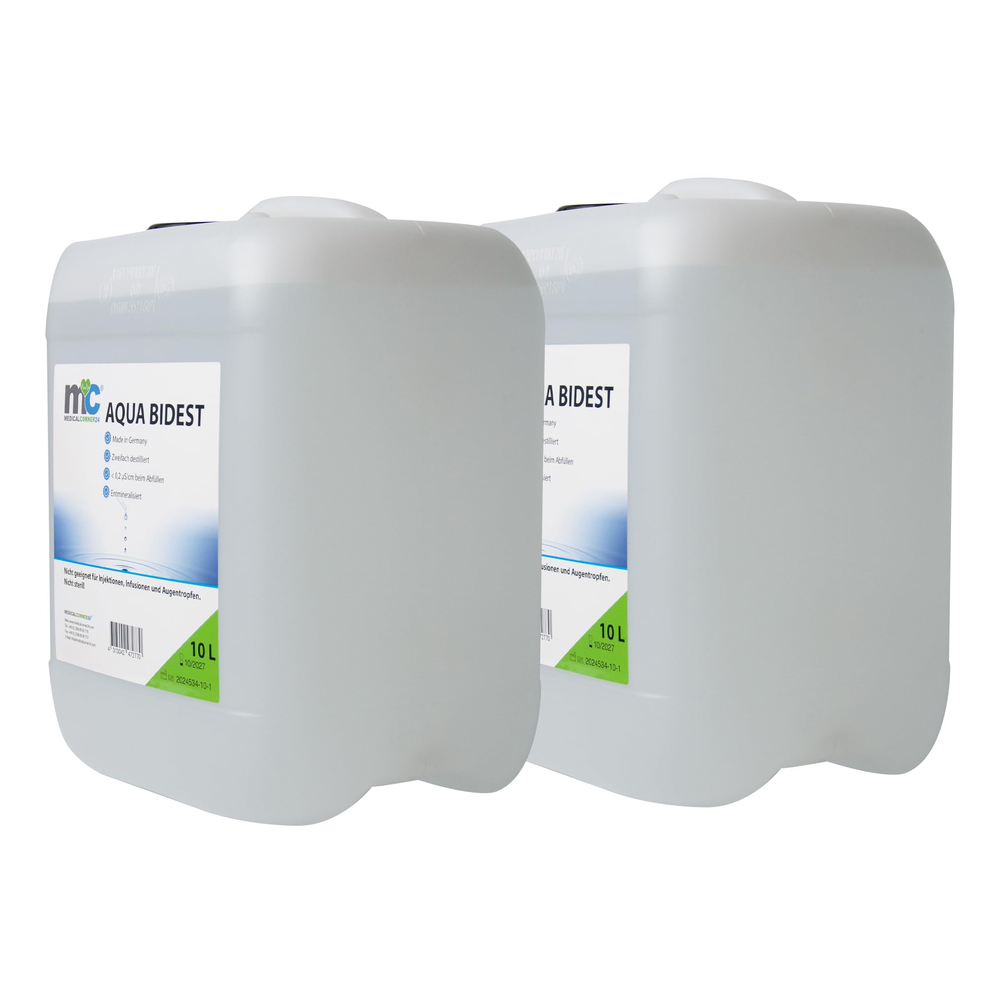 Aqua Bidest - 2 botes de 10 litros, agua pura de laboratorio, 20 L, agua bidestilada, agua destilada 2 veces