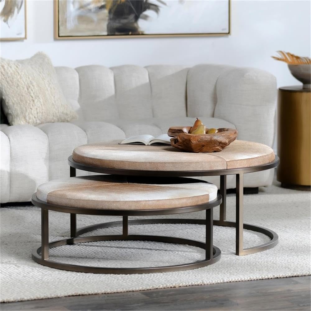 Pemberly Row Set of 2 Metal Nesting Coffee Tables, Sparrow Gray Finish, Hair-On-Texture Hammered Bronze Base, 40.75Wx40.75Dx18H, Space-Saving Contemporary Design Living Room Accent Tables