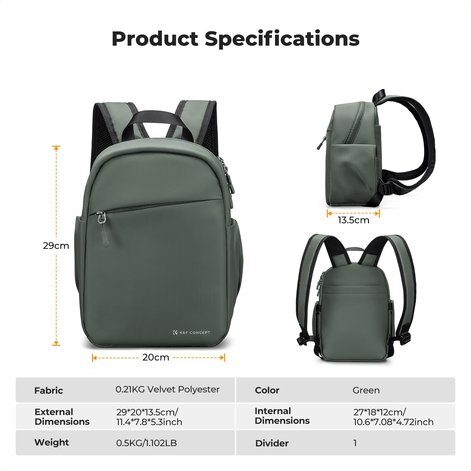 K&F CONCEPT Täglicher Kamerarucksack, Fotorucksack Klein Tragbar mit Verstellbarem Schultergurt für DSLR Kamera & Objektiv, Ideal für Alltag, Arbeit und Reisen (Dunkelgrün)