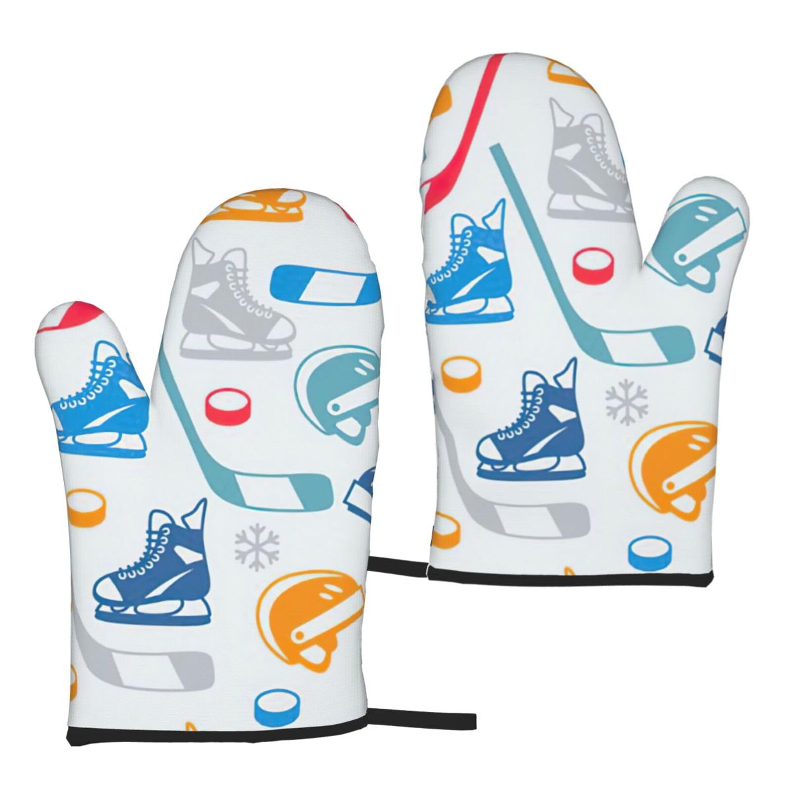 Nimongt Women's Black Hockey Elements Creative Patterned Print Adults Universal Fit Heat Resistant Oven Gloves Reusable Cooking Outdoor Grilling