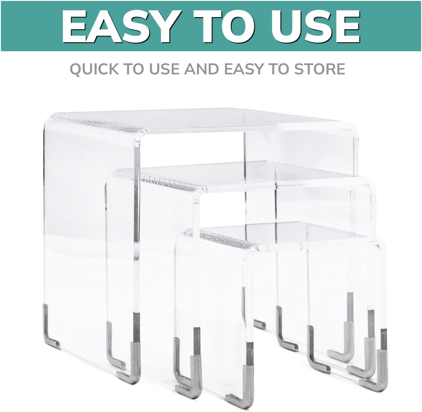 pbf PHOTO BOOTH FRAMES Acrylic Riser Display Stands - 3 Pieces- Clear- Silver Accents Acrylic Risers Shelf Riser Display Stand Set image 5