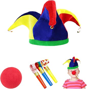 Jester Hat & Clown Accessory Set with Jester Cap Foam Nose & 2 Trunks - Complete Jester Costume for Carnival & Fancy Dress - Includes Clown Hat & Party Accessories for Women Suitable for Men