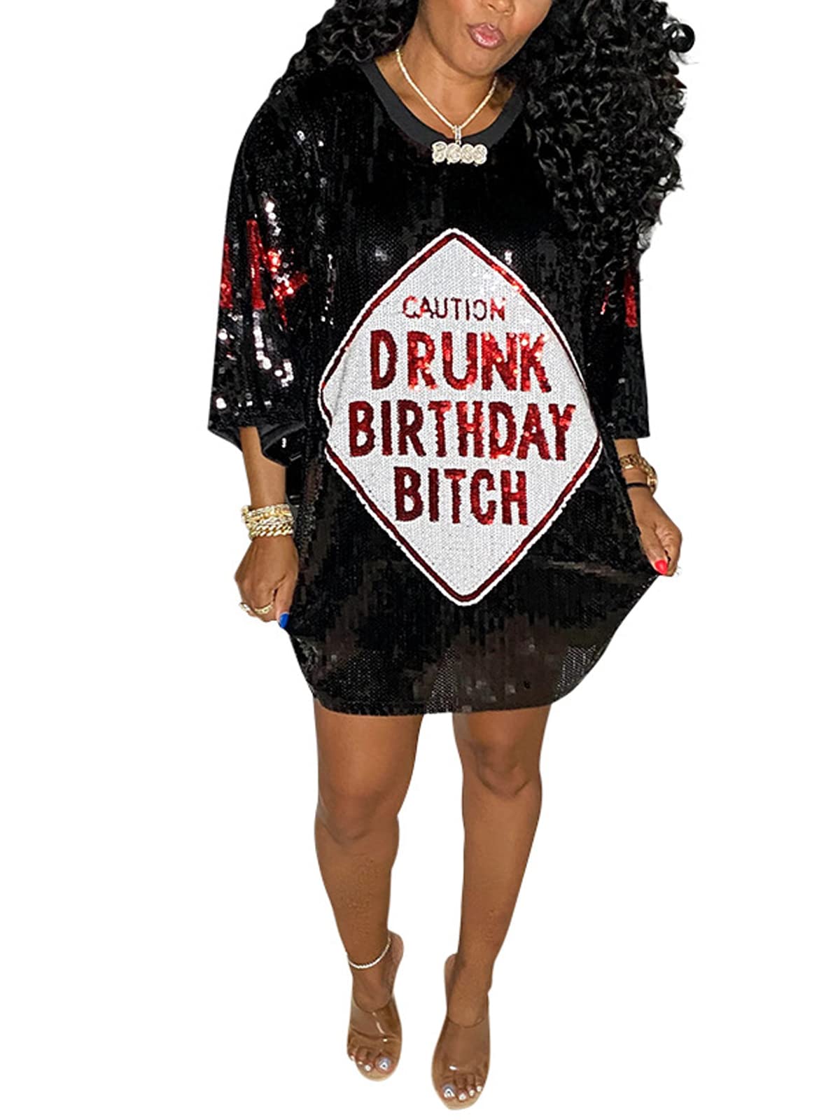 ALLUMK Women Sexy Glitter Sequin Shirts Dress Letter Graphic Print Half Sleeve Party Club Short Dress