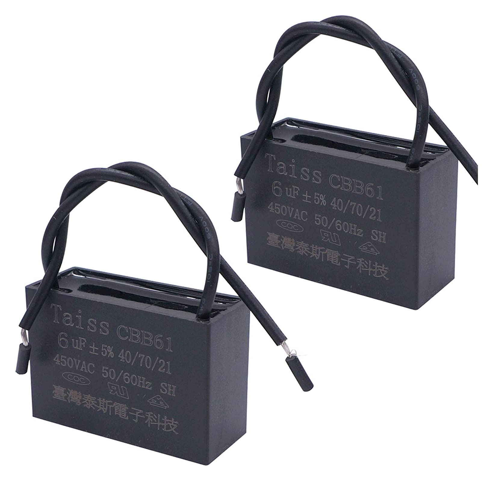 CBB61 - Condensador de ventilador de techo de 4.5uf para New Tech 2 cables, 50/60Hz 450VAC (tamaño: 2pcs-6uf)