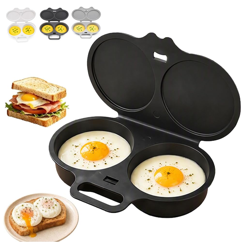 Dual Cavity Microwave Egg Poacher With Lid &amp; Handle For 2 Eggs, Black