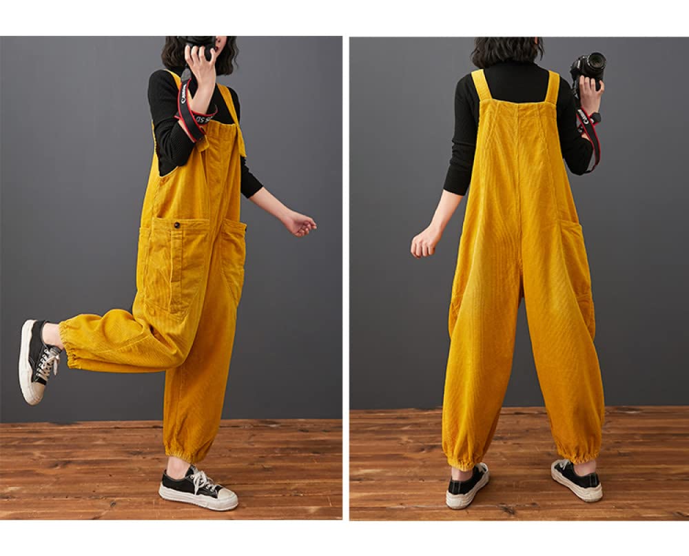 Damen Latzhose - Frauen Herbst Winter Gelb Cord Overalls Lose Plus Größe Strampler Tasche Breites Bein Overalls Für Outdoor Hosen Streetwear