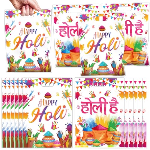 Falueqg Happy Holi Party Favor Bags - 50 Pcs Holi Hai Festival Goodie Candy Gift Bags Indian Festival of Colors Party Favors for Indian Hindu Festival Decorations