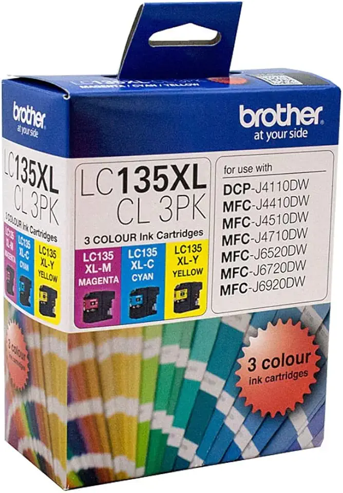 Brother LC135XL High-Yield Pack, 1x Cyan, 1x Magenta & 1x Yellow, Up to 1200pgs (LC-135XL3PK) for Use with: DCP-J4110DW, MFC-J4410DW, MFC-J4510DW, MFC-J4710DW, MFC-J6920DW, MFC J6520DW, MFC-J6720DW
