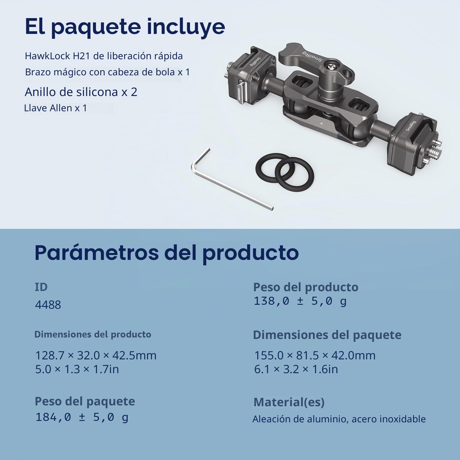 SMALLRIG Brazo Mágico de Liberación Rápida con Cabezal Esférico de 360°, con Tornillos de 1/4”-20 y Pasadores de Ubicación Desmontables, Carga Util Máxima de 5,5 kg/12,1 LB, HawkLock H21-4488