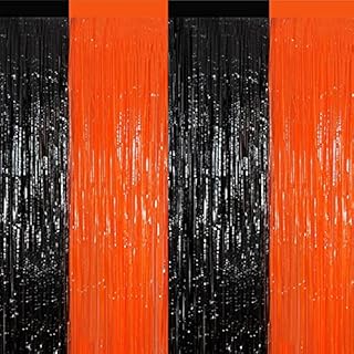 Mienocol 4 Packs Halloween Tinsel Foil Fringe Curtains 3.2ft x 6.5ft Black Orange Fringe Curtains Streamers Backdrop for Halloween Party Photo Backdrops Props Halloween Decorations
