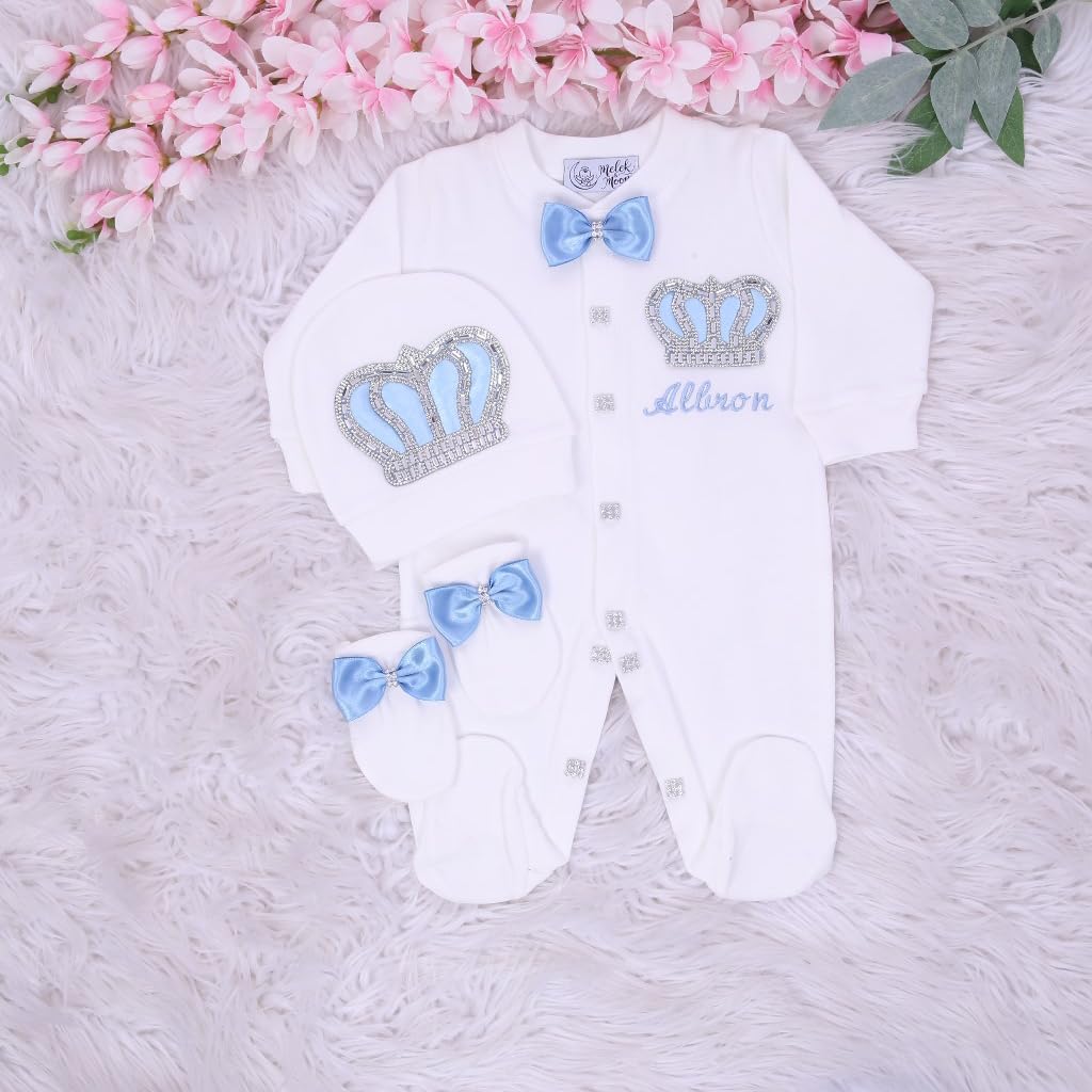 MELEK & MOON Personalized Luxury Infant Newborn Baby Boy Outfit – 3-Piece Cotton Set – Dynasty Debut Set