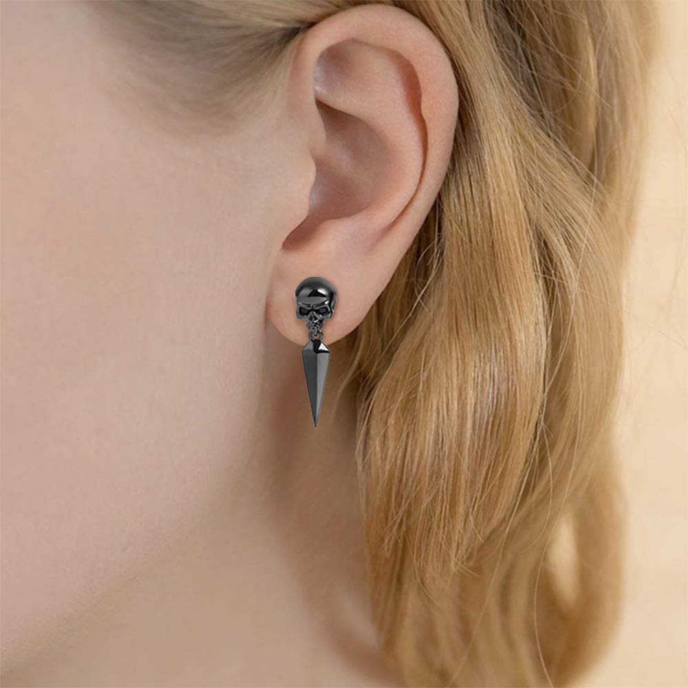 Gnoce Pendientes de calavera de plata de ley con punzón negro, aretes colgantes de moda para mujeres y hombres