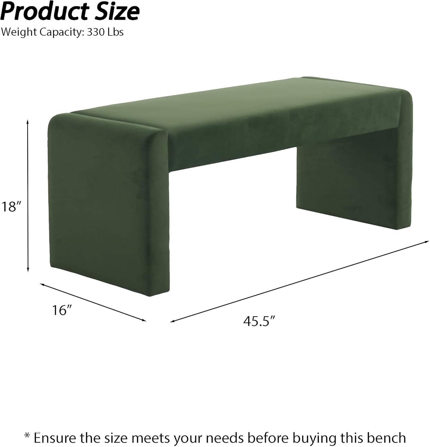 Velvet Entryway Bench End of Bed Bench Upholstered Modern Window Bench Comfy Ottoman for Dining Room/Bedroom/Living Room/Hallway/Indoor (Olive Green)